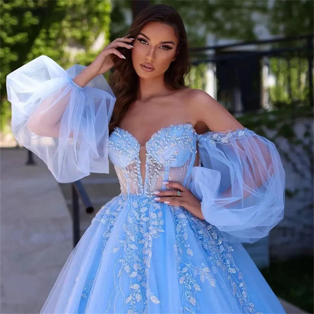 Charming Sky Blue เงา Appliques ลูกไม้ลูกปัดพรหมชุดพัฟที่ถอดออกได้แขน Tulle Ball Gowns รัดตัวเจ้าหญิงชุดราตรี