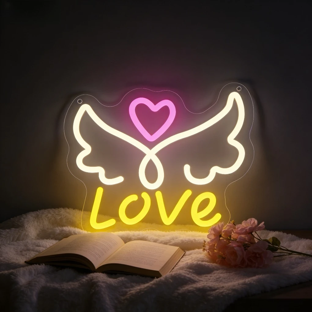 

Неоновая LED-вывеска «Крылатое сердце» для спальни, свадебного декора, романтическое настенное искусство, подарок, неоновая подсветка, теплый розовый и желтый свет