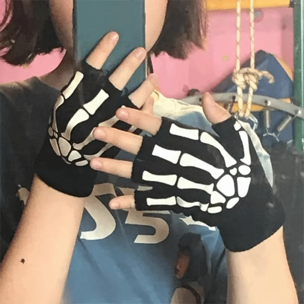 

Universal Black Punk Skeleton Gloves Stretch Knitted Skull Half Finger Gloves Thicken Ghost Claw Cosplay Gloves Moto Riding