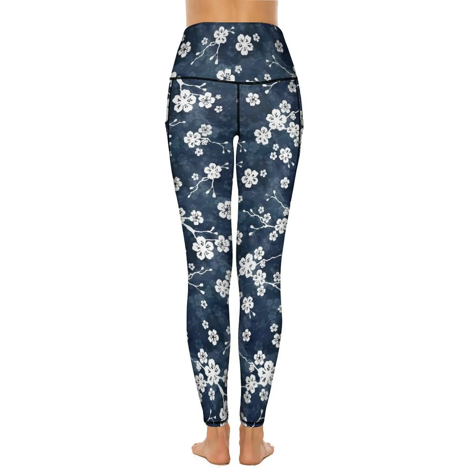 Blue Fower Print Yoga Pants Sexy Cherry Blossom Printed Leggings High Waist Gym Leggins Women Cute Stretch Sport Legging