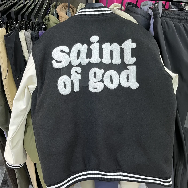 Saint of God Jackets American High Street Patchwork Baseball Jacket Women's Men's Loose Leather Sleeves Coat