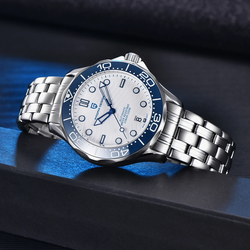 PAGANI DESIGN Orologi Orologio meccanico automatico semplice blu e bianco da uomo AR Vetro zaffiro NH35 Movimento in acciaio inossidabile