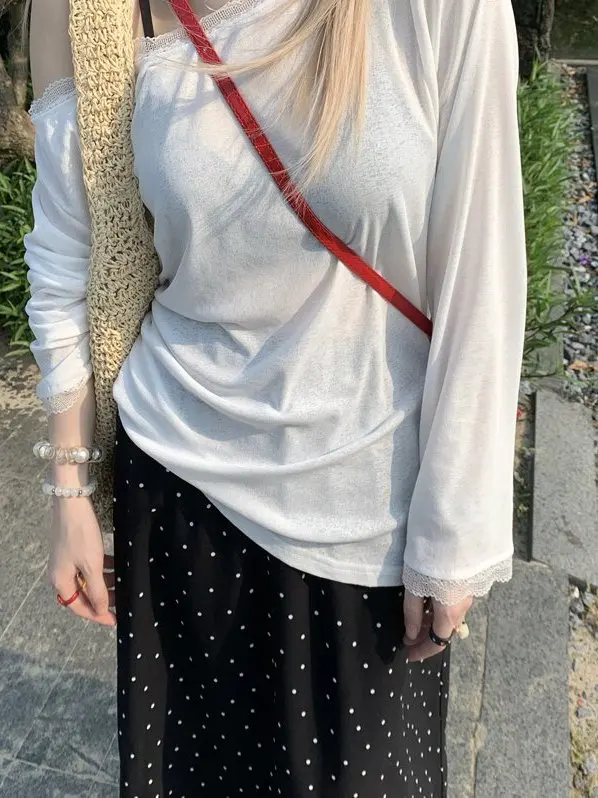 

plus Size Women's Casual Korean Style Long Sleeve See through White T Early Autumn Lace Splice Skirt Top Polyester Fiber