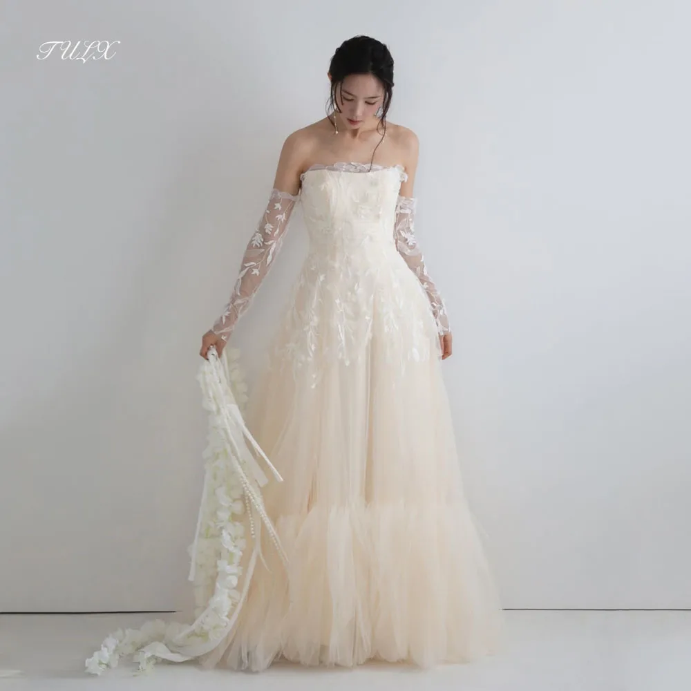 TULX Luxuriöses Spitzen-A-Linien-Tüll-Brautkleid Korea Fotoshooting Trägerloses Set mit langen Ärmeln Brautkleid mit Korsett Maßgeschneidert 웨딩드레스 2