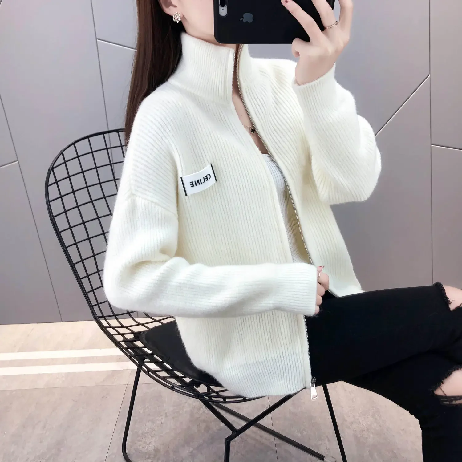 

Spring Ladies Warm Cardigan Short Jacket Knitted Zipper Jacket Autumn All-match Casual Loose Solid Color Sweater Coats Outer