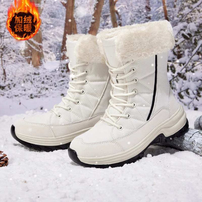 High quality mid calf leather snow boots for women new 2023 winter size 41 42 outdoor plush warm walking shoe - black white