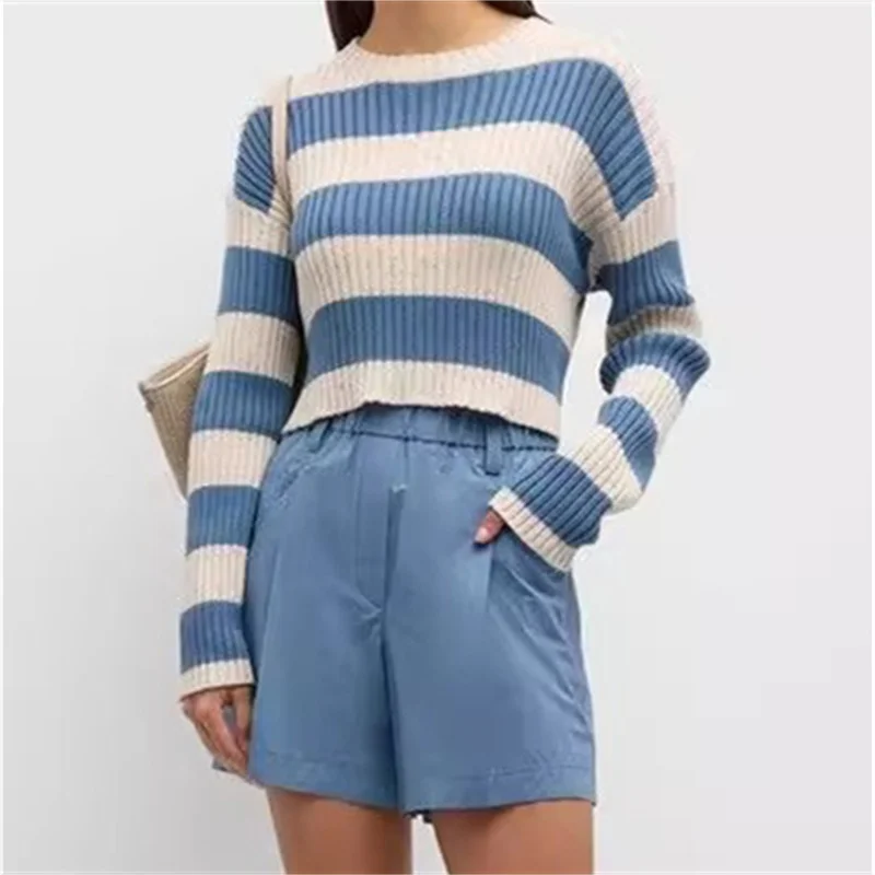 

Sweaters for women 2024 Summer New in Fashion Stripe Knitted Pullover Sequin decorated pure cotton long sleeved top y2k knitwear