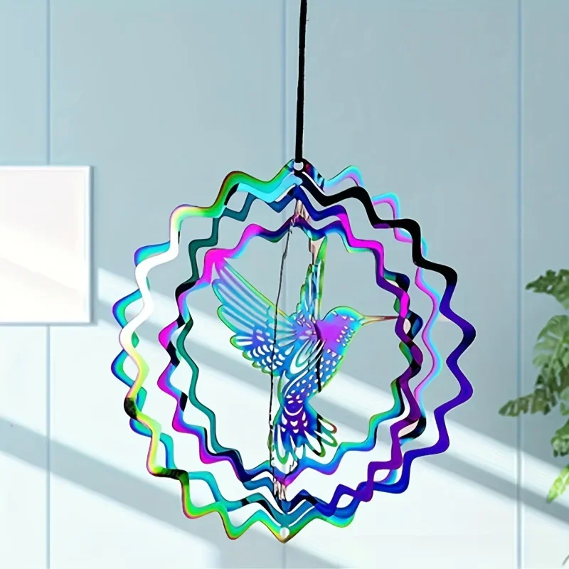 3D Rotating Hummingbird Hanging Ornament Wind Chime Art Deco Style Garden Decoration Wind Spinner