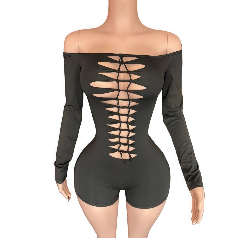 FAGADOER Sexy Bandage Patchwork Bodycon Rompers Women Off Showlder Long Sleeves Backless Jumpsuits Female Streetwear Overalls