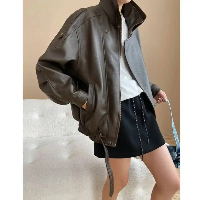 女性用オートバイPUレザージャケット,ダブルネックデザイン,スラントジッパー,ルーズカジュアルコート,春