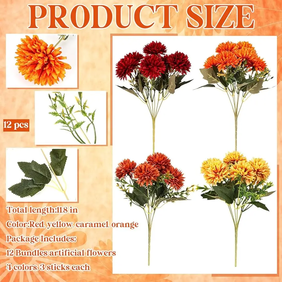 12 Pcs Artificial Fall Flowers Faux Mums Burnt Orange Flowers Assorted Fake Silk Mums Chrysanthemums Bouquet Fall Marigold for V