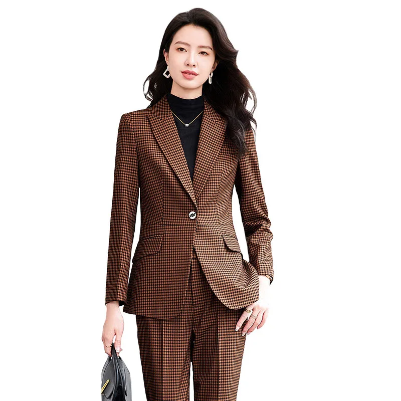 Red Yellow Blue Plaid Ladies Pant Suit Autumn Women Business Work Wear Single Button Jacket and Trouser Blazer 2 Piece Set