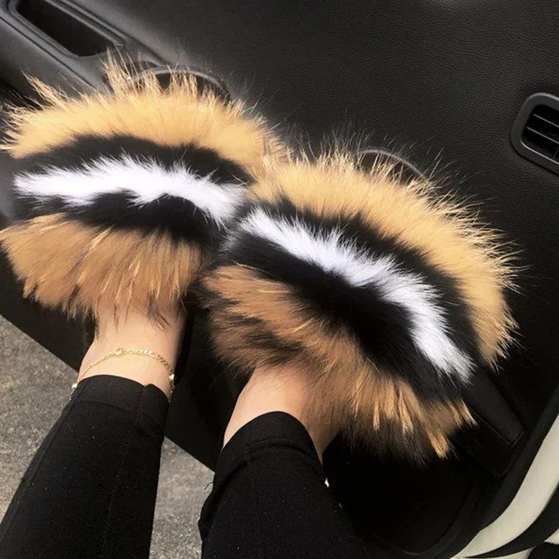 New Arrival Girl Luxury Fluffy Fur Slippers Ladies Indoor Warm Furry Fur Flip Flops Women Amazing Plush Fur Slides Wholesale Hot image 5
