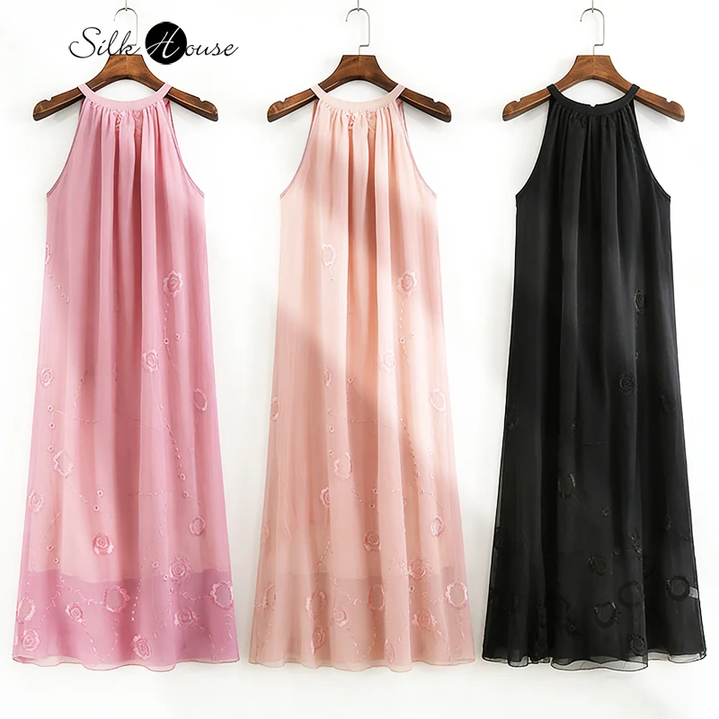 2026 primavera/verão novas roupas femininas sólido bordado natural amoreira seda pendurado pescoço dupla camada moda vestido