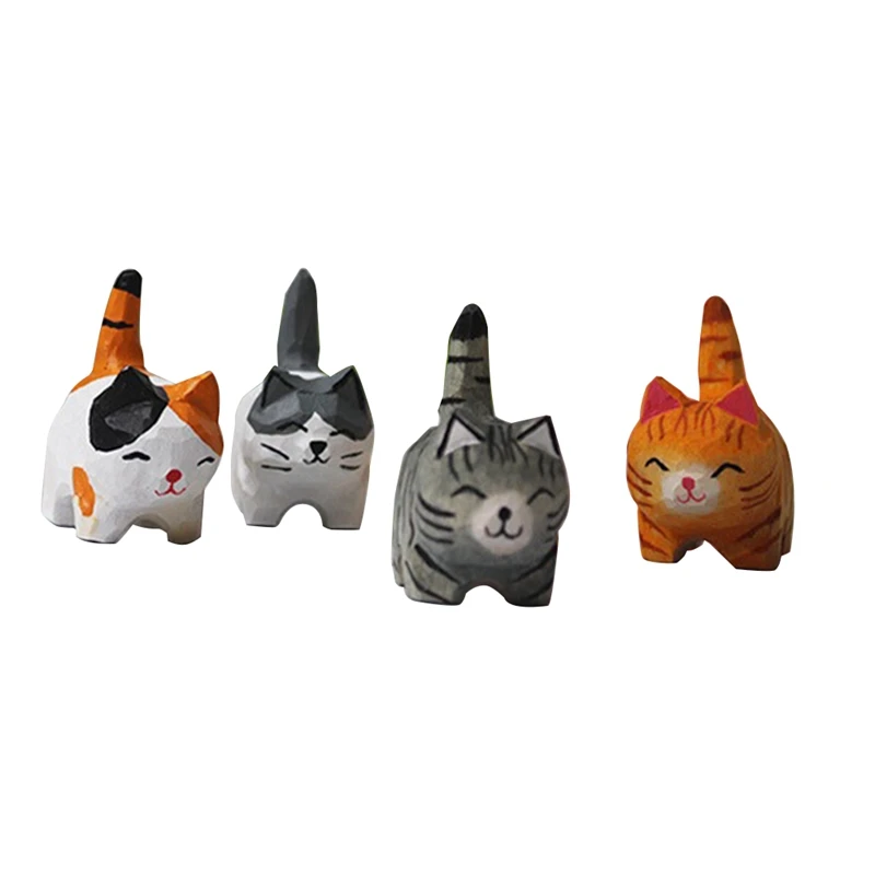 Wooden Cats Figurines Lovely Small Carved Orange Cats Statue Handmade Wood Kitten Art Carving Work.