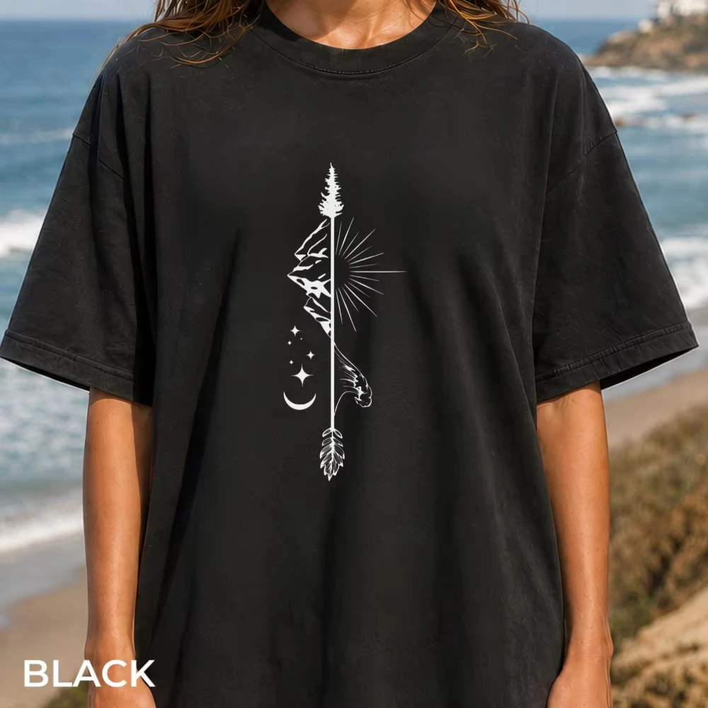 Boho Arrow Mountain Moon Star Graphic T Shirt Women Wilderness Line Art Print Tee Summer Cotton Shirt Outdoor Wanderlust Tops