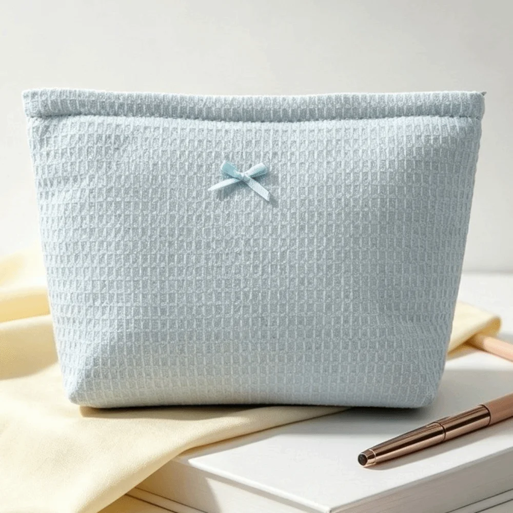 Sweet Bow Decor Waffle Knit Makeup Bag Zipper Lightweight Cosmetic Bag Portable Large Capacity Toiletry Organizer Travel