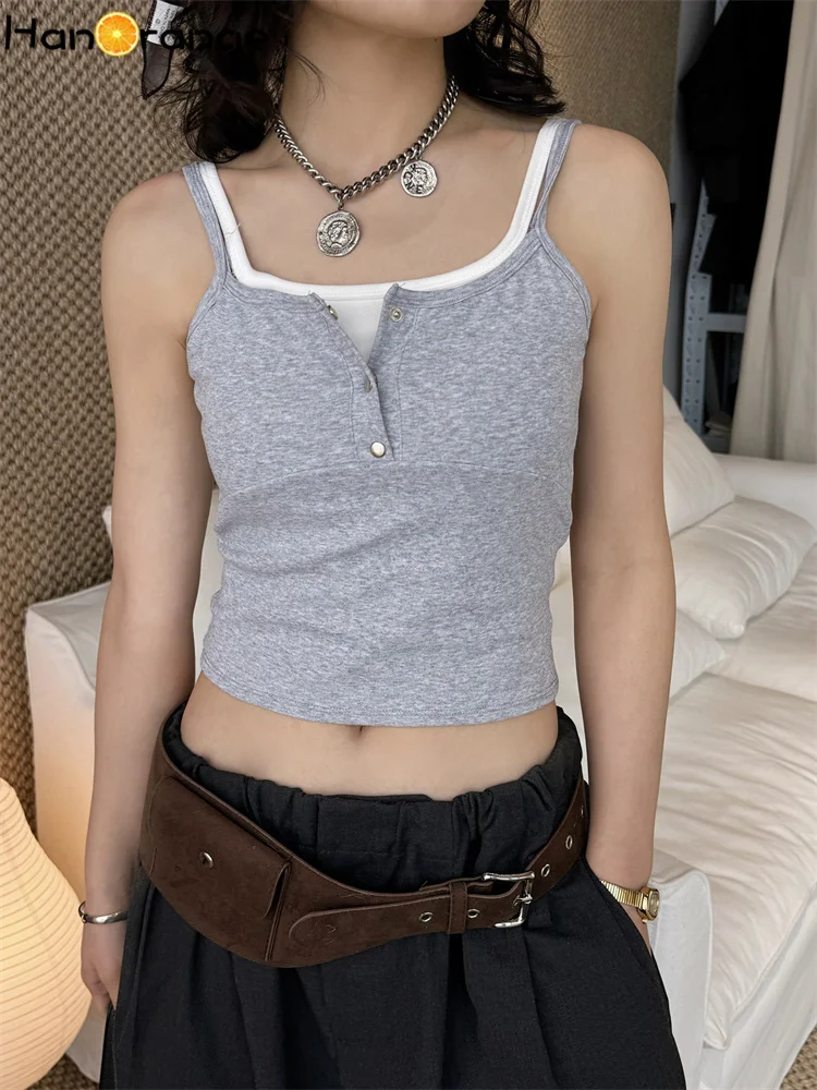 

HanOrange 2026 Spring Chic Strap Semi-Buckle Short Tank Women False 2pcs Camis White/Black/Light Gray/Dark Gray/Mist Blue