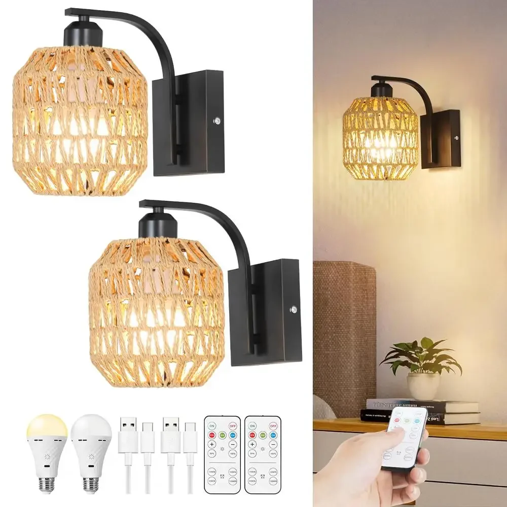 Cordless Battery Operated Wall Sconces Set of 2 Rattan Wireless Rechargeable Lights with Remote Control Magnetic Base USB