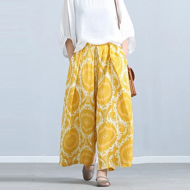 Yellow Artistic Loose Linen Wide-leg Pants for Women With Elastic Waist Casual Nine-point Pants All-match Skirt Pants
