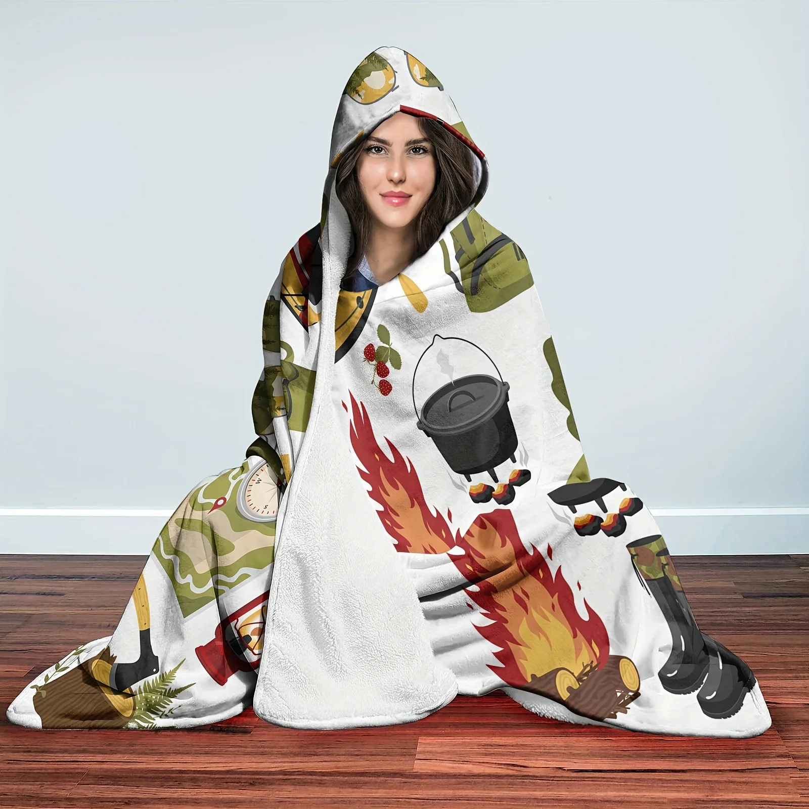 Launch a Camping-Themed Hooded Blanket, Featuring Digital Printed Flannel Fabric. This Magical Hooded Blanket Is Soft And Warm