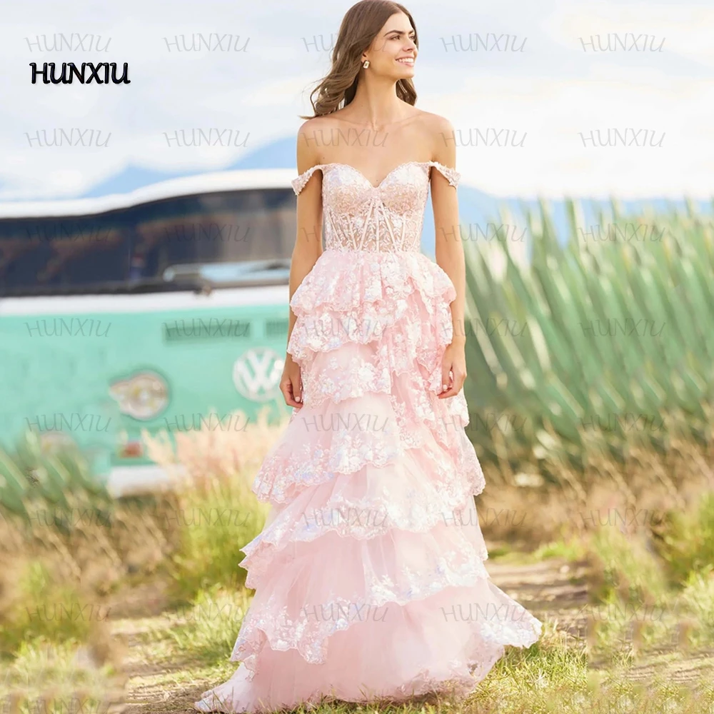 Exquisite Off the Shoulder Tulle Evening Dress Sweetheart Applique Tiered A-Line Floor Length Sexy Side Slit Women Prom Gowns