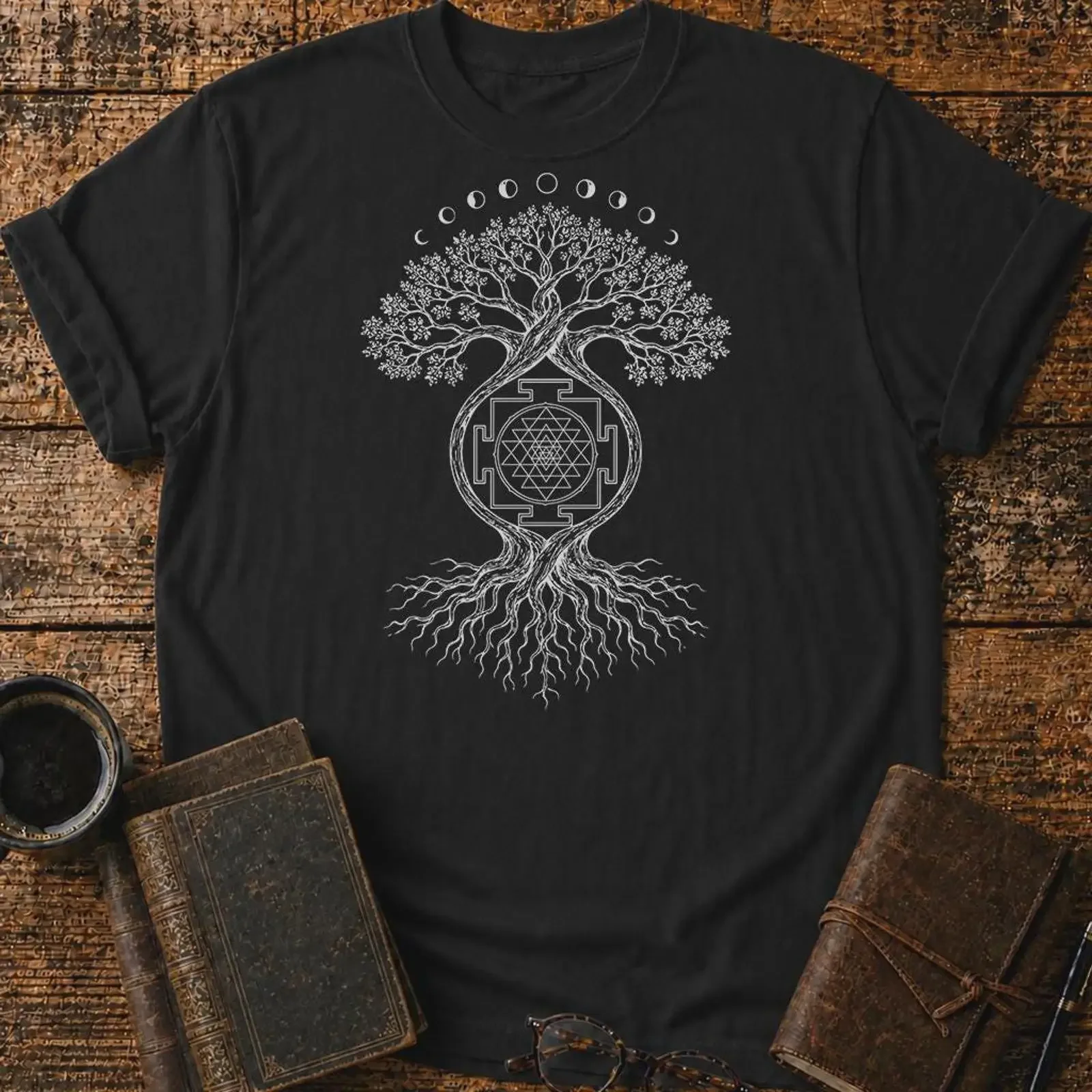 Sri Yantra Tree of Life T Shirt Moon Phases Sacred Geometry  vintage Washed Comfortable designer clothes Stretched graphic