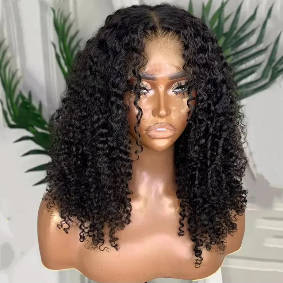 Peruca dianteira encaracolada longa do laço para mulheres negras, cabelo natural do bebê, perucas diárias do laço frontal, pre-arrancadas, preto, 180 densidade, 26"