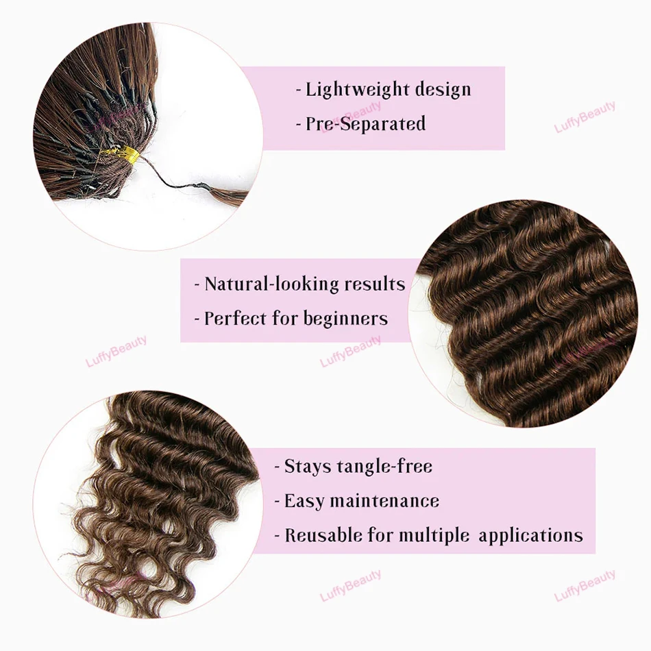 Deep Wave Crochet Human Hair Extensions #4 Medium Brown Color Knotless Pre-Separated Human Hair Feather Crochet Hair Extensions