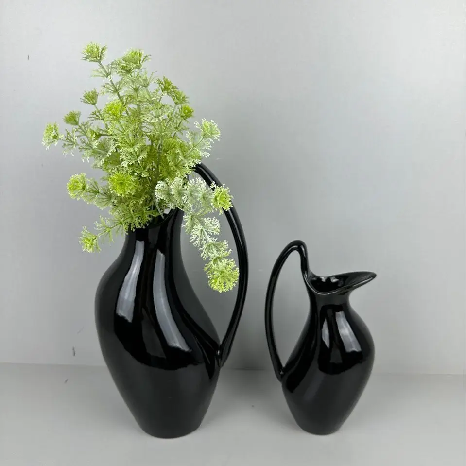 Ceramic Vase Black Kettle Shape Handle Pot Flower Floral Arrangement Accessories Terrarium Home Decoration Flowerpot