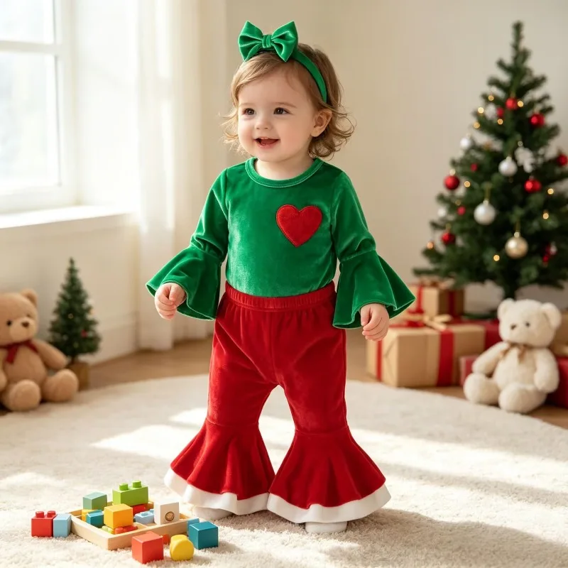Toddler Baby Girls Christmas Romper Outfit Green Velvet Long Sleeve Top With Red Heart And Red Flare Pants Set 0 36M