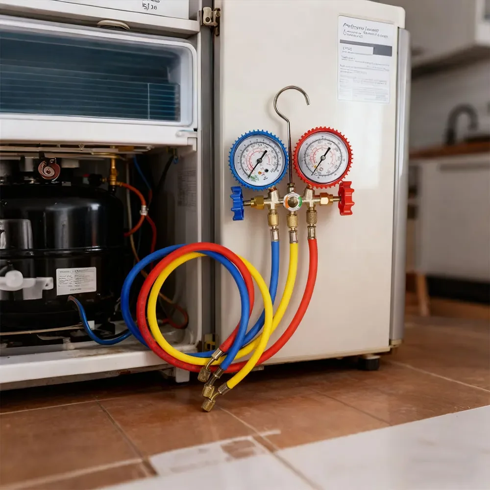 Manómetro de presión para aire acondicionado R134a con manguera y gancho, juego de manómetros de diagnóstico de CA de 3 vías para R12, R22, R404A, R134a