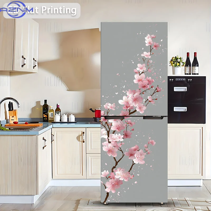 Printing Refrigerator Sticker , Early Blooming Pink Cherry Blossoms, Self-Adhesive Removable Vinyl Wall Decal, Suitable for Ca