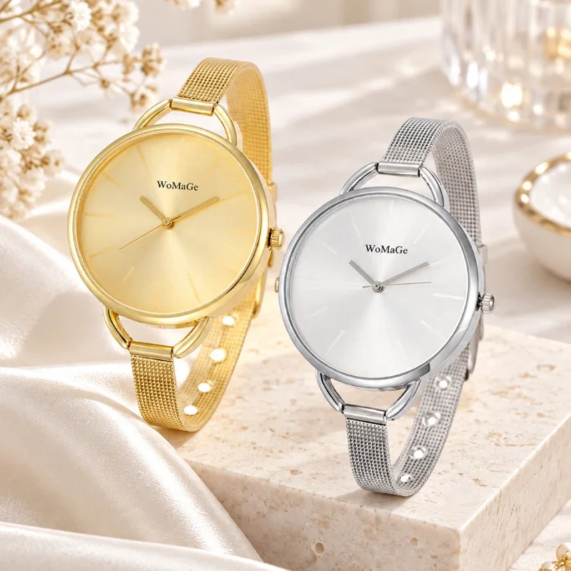 Luxury Gold Silver Women Watches Slim Metal Mesh Strap Analog Quartz Wristwatch Simple Dial Elegant Ladies Watch Female Clock