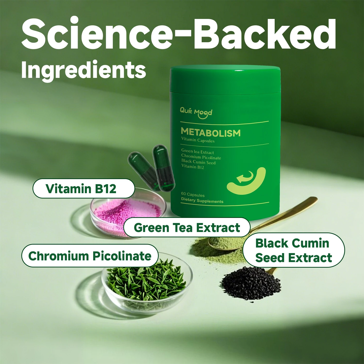 QUITMOOD-METABOLISM Vitamin Capsules, Green Tea Extract Chromium Picolinate Black Cumin Seed Vitamin B12, 60 Capsules