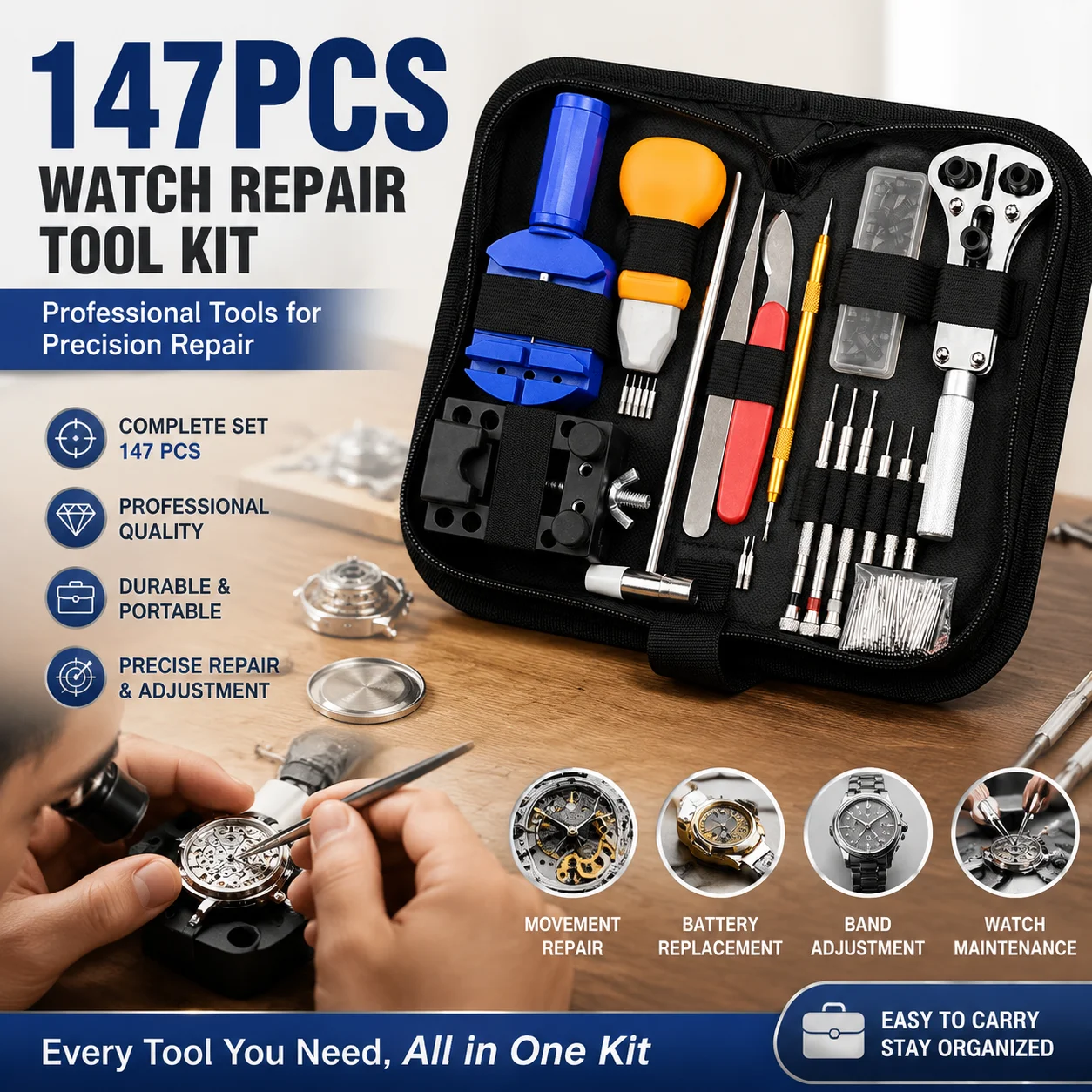 147pcs Watch Repair Kit Professional Watchmaker Tools Set Case Remover Opener Bar for Clock Watch Band Band Repair Tools
