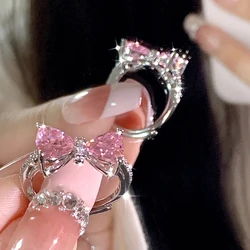 Y2K Pink Crystal Bowknot Zircon Rings for Women Fashion Sweet Lovely Girl Open Adjustable Ring Kpop Party Jewelry Gift 2023