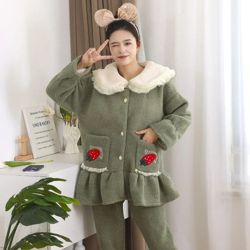 Lamb Wool Pajamas for Women Thickened and Fluffy Warm Winter Sweet and Lovely Students Winter Home Wear Pajamas Outside The Suit