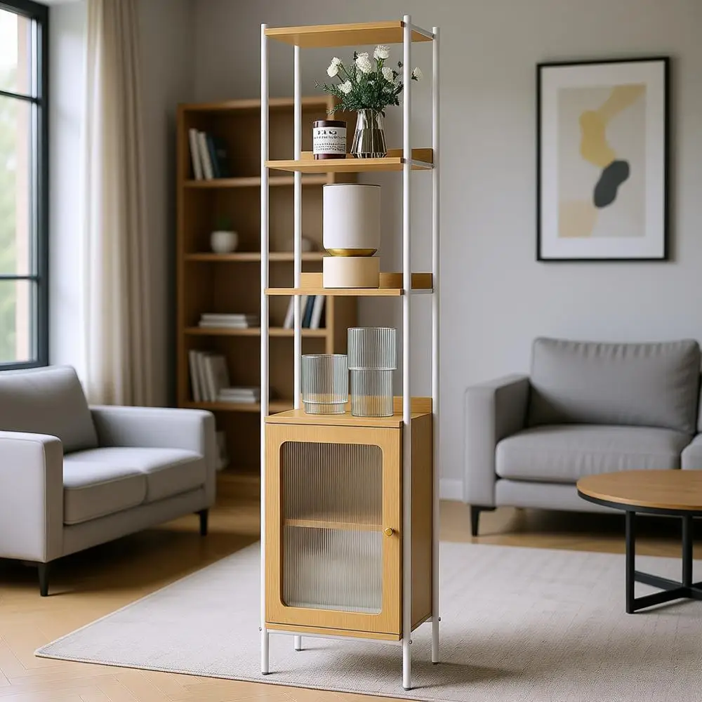 

6-Tier Slim Bookshelf with PC Door, Metal Frame, Adjustable Shelves, Suitable for Living Room, Oak Beige and Pearl White