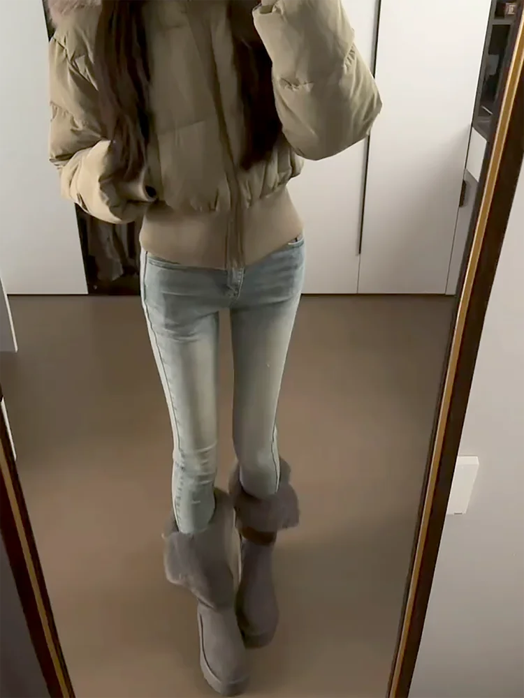 

Retro Light Blue Fleece Lined Skinny Jeans Women's Korean Style High Waist Elastic Pencil Nine Point Pants Autumn Winter
