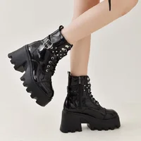 2024 Platform Thick Gothic Boots Lady Buckle Autumn Shoes Women Wedges Knee High Boots Punk Street  Motorcycle Chain - Image 5