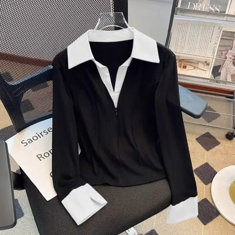 Customization Long Sleeve Temperament Contrast Patchwork Blouse Spring Autumn New Polo Neck Office Shirt Tops Elegant Fashion