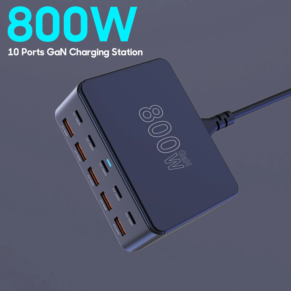 800W GaN Charger USB C Fast Desktop 10-port USB Type C PD 100W Charger Fast Charge 3.0 USB C Fast Charger for iPhone 16 Samsung