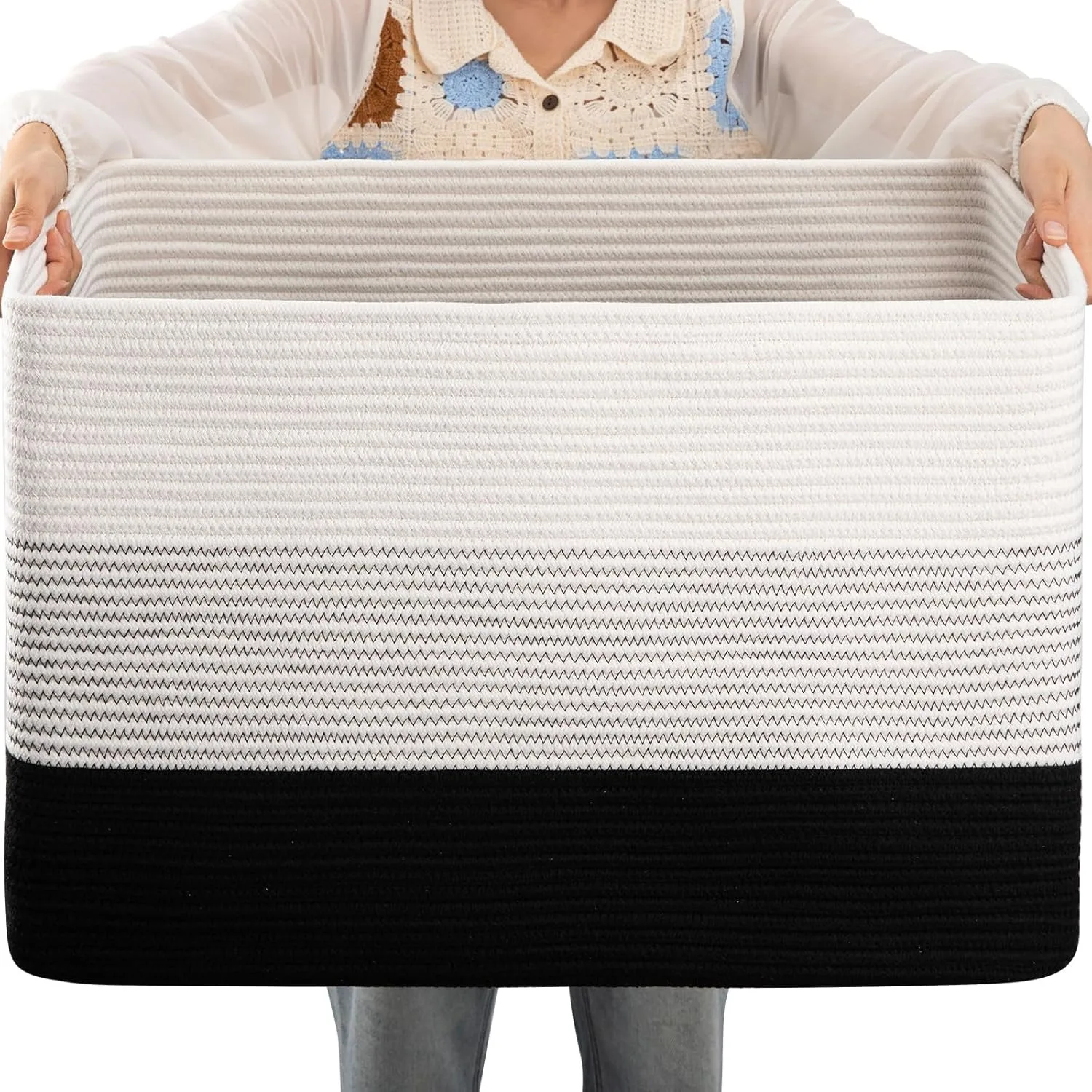 

108L Large Cotton Rope Basket, Rectangle Woven Baskets for Storage, Baskets for Organizing-25”x16”x16”-Gradient Black