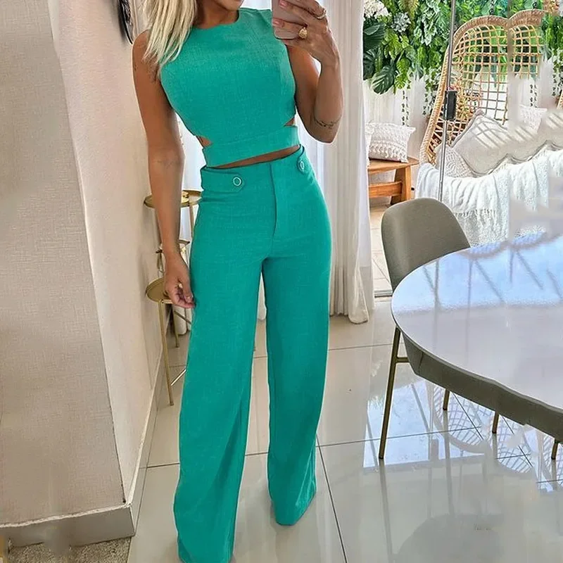 Women Pant Sets O Neck Sleeveless Matching Sets Top Two Pieces Wide Leg Pants Ankle Length Pockets Loose Button High Street