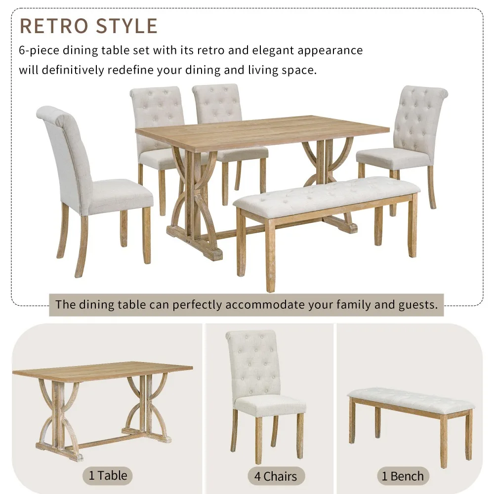 6-Piece Retro Rectangular Dining Table Set Table with Unique Legs and 4 Upholstered Chairs & 1 Bench for Dining Room and Kitchen