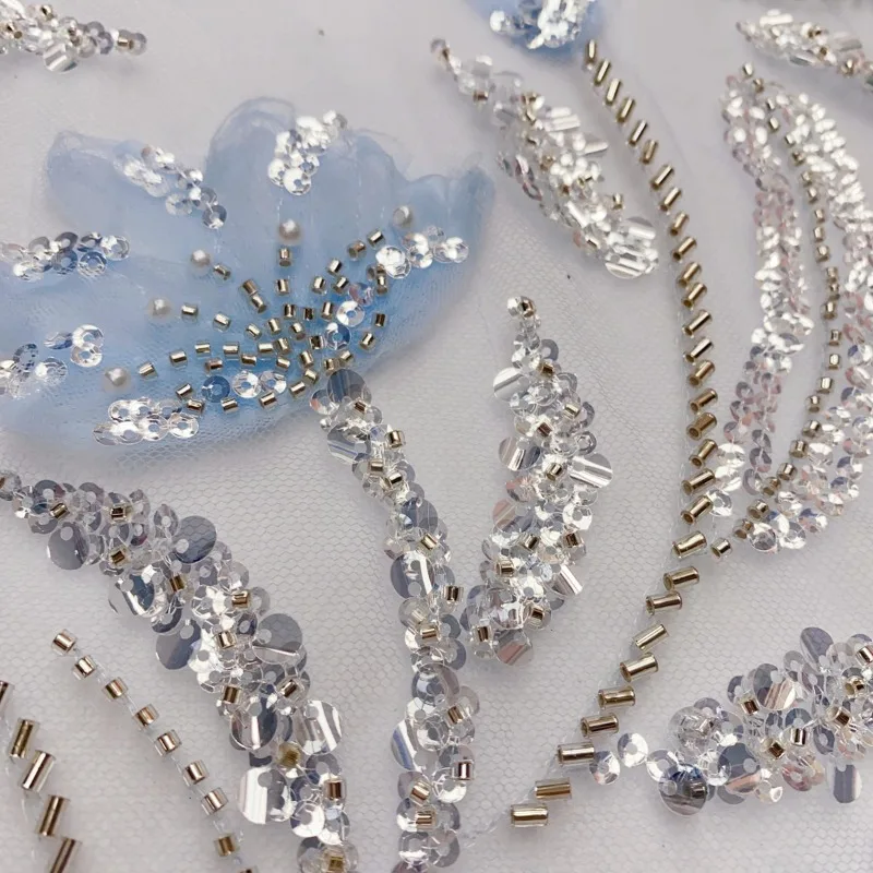 Blue Lace Fabric Embroidery Floral Net Heavy Beading Advanced Dress Material Accessories