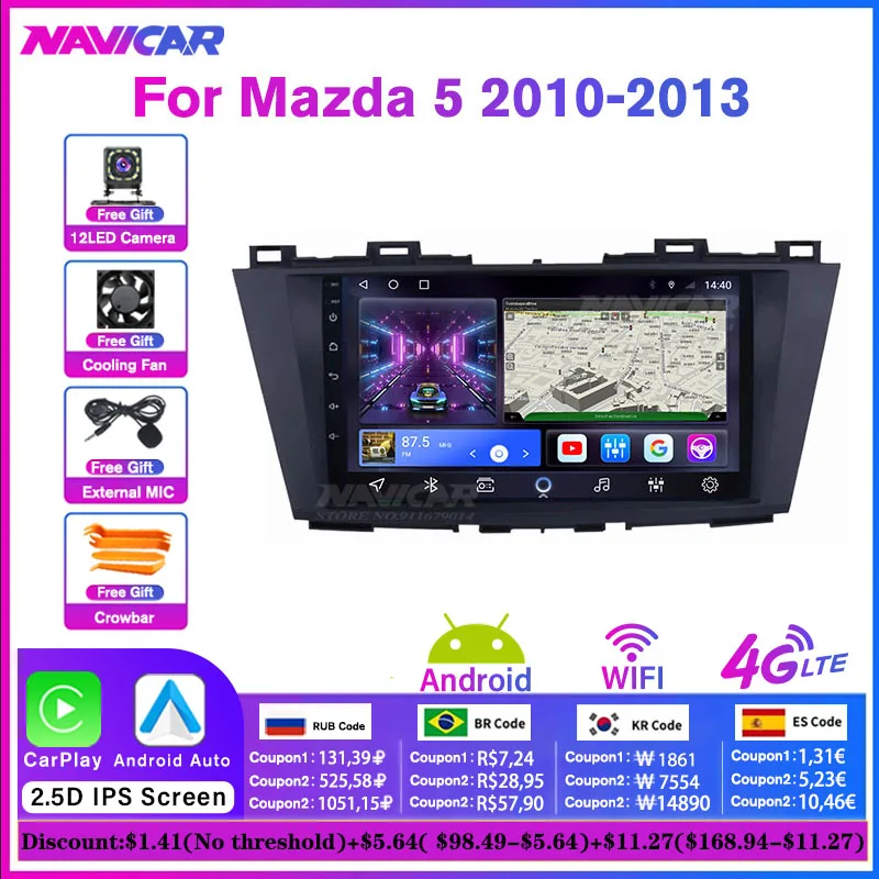 

Автомагнитола 2 Din Android 10 для Mazda 5 2010 2011 2012 2013 6G + 128G, автомобильный мультимедийный плеер, GPS-навигация, стерео приемник Carplay