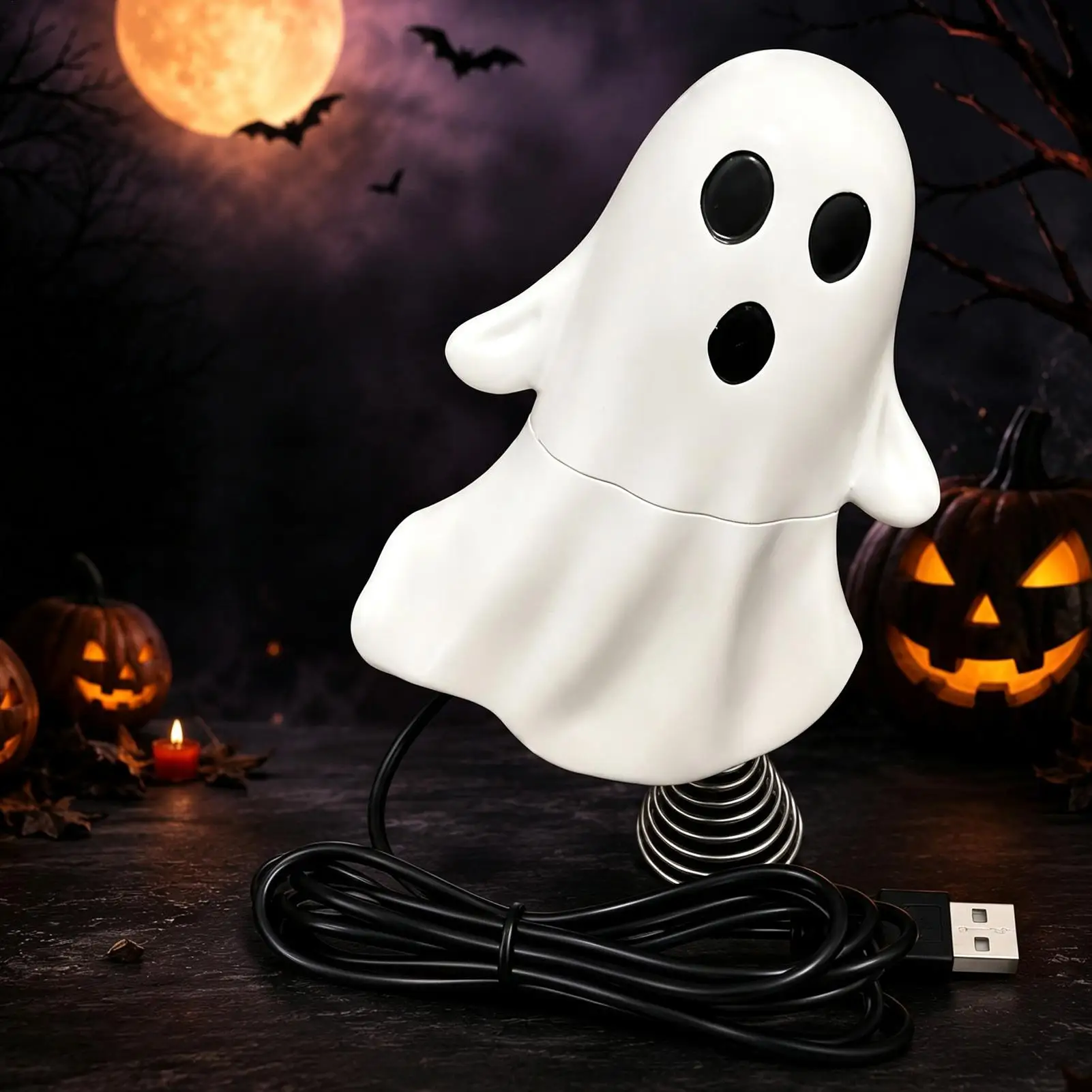 Healing Style Room Accessory Cute Ghost Night Light With Spring Base USB Powered Mini Spooky Halloween Tree Topper Led For Party