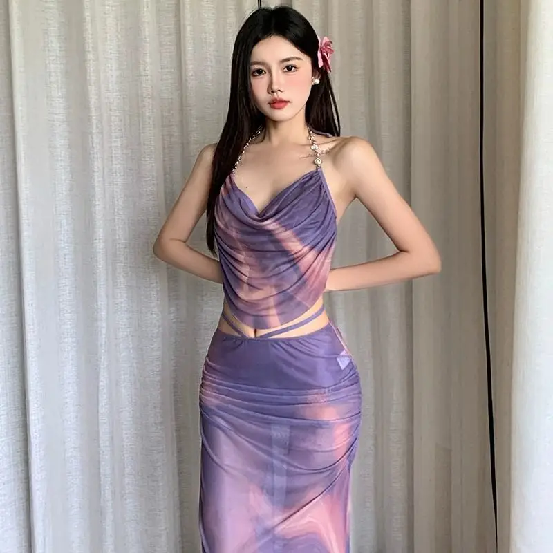 2025 New Three-piece Swimsuit Women's Split Belly Covering Slim Long Skirt Pure Sexy Girl Beach Vacation Swimwear